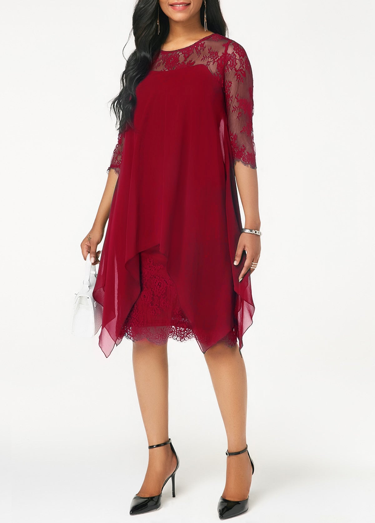 Chiffon Overlay Three Quarter Sleeve Lace Dress