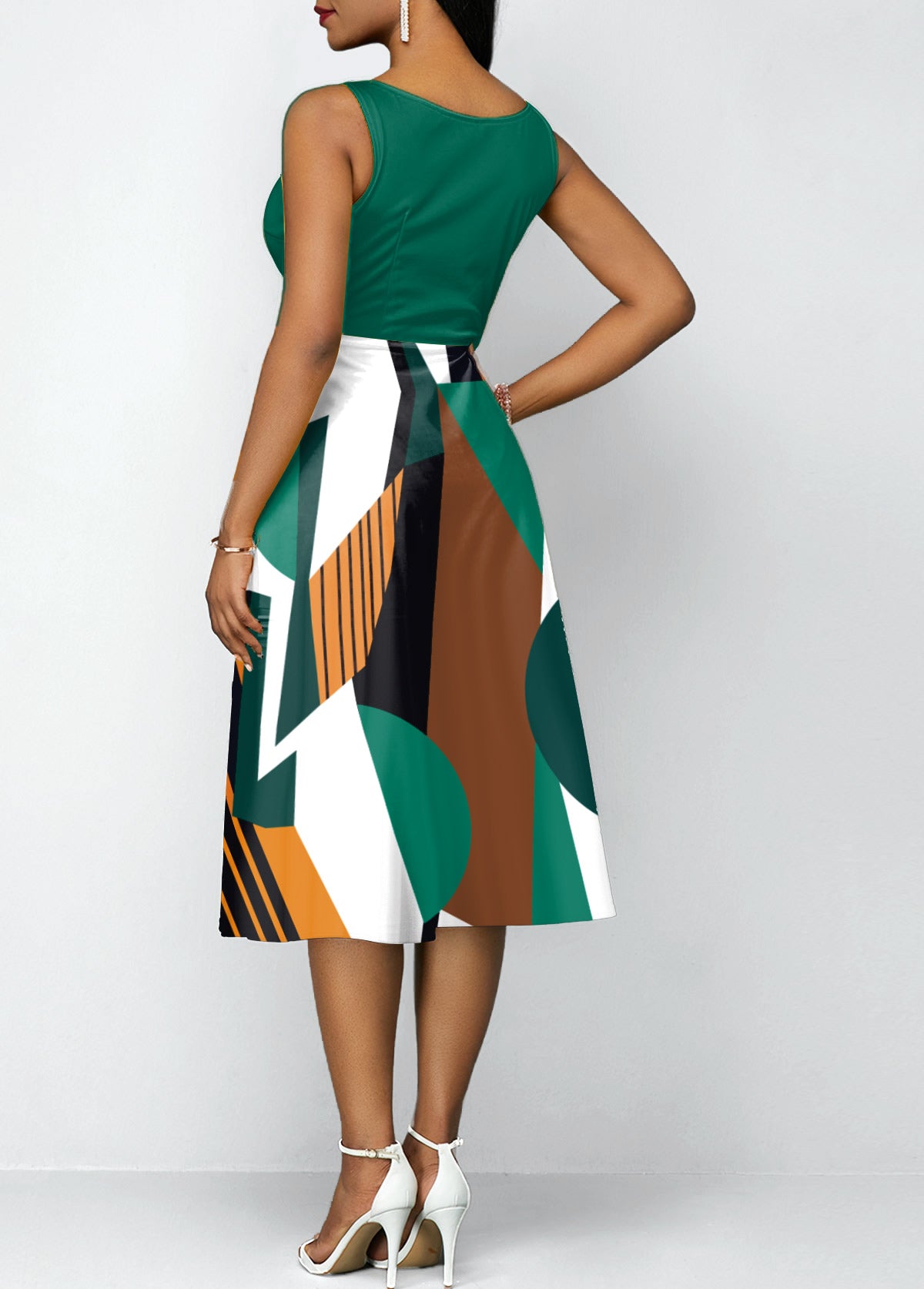 Green Geometric Print V Neck Dress