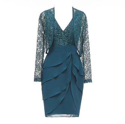 V Neck Lace Glitter Formal Evening Dress With Jacket