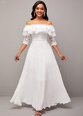 Flounce Lace Stitching White Off Shoulder Dress