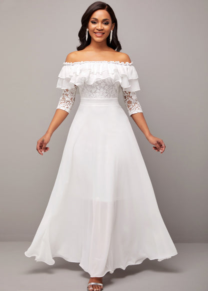 Flounce Lace Stitching White Off Shoulder Dress