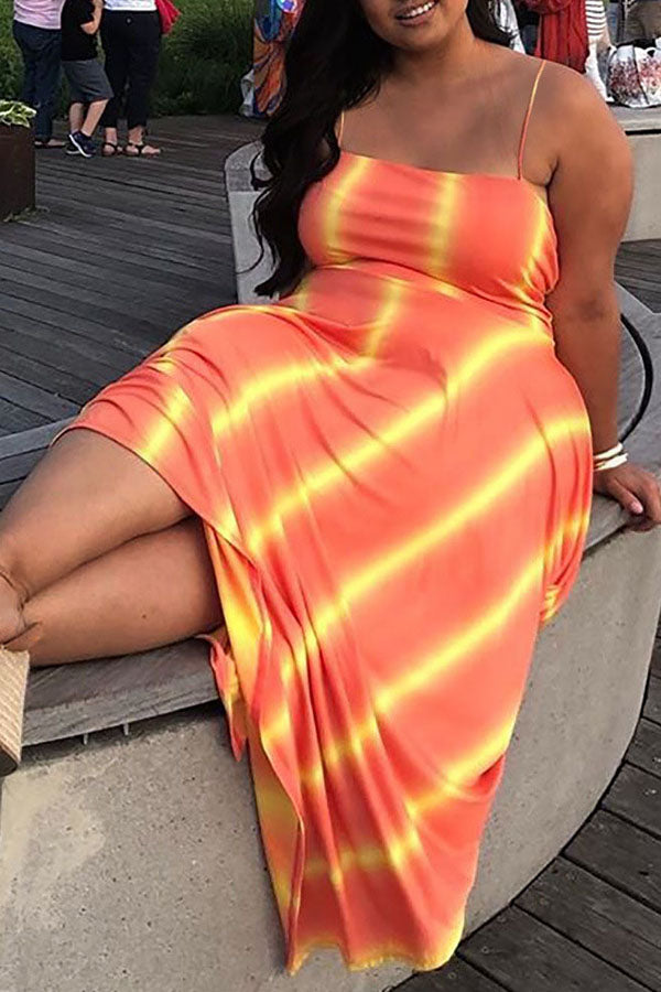 Large Size Irregular Striped Suspender Midi Dress