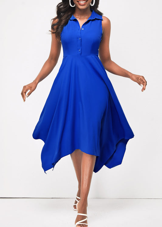 Sleeveless Asymmetric Hem Royal Blue Shirt Dress