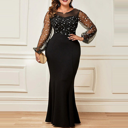 Women's Plus Size Party Dress Polka Dot Crew Neck Long Sleeve Winter Fall Elegant Formal Mature Maxi long Dress Party Evening Party Dress