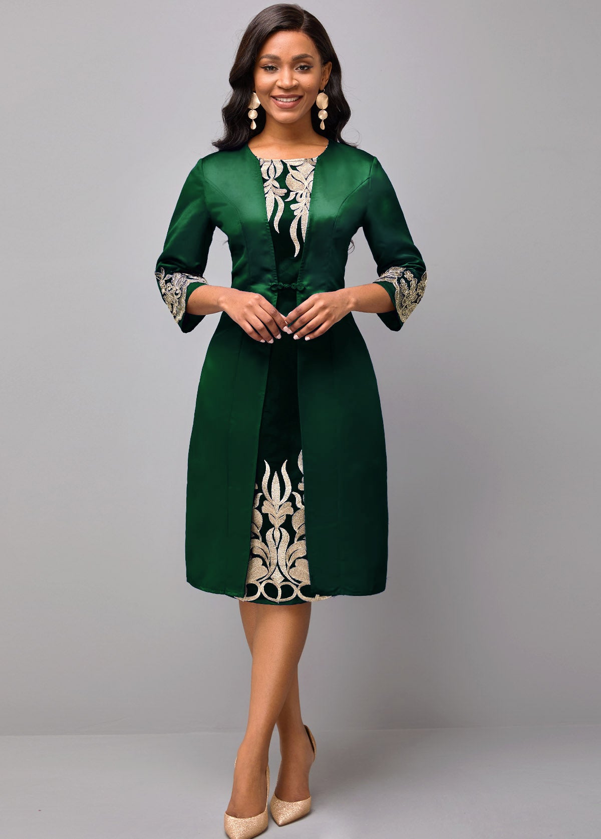 3/4 Sleeve Round Neck Embroidered Dress