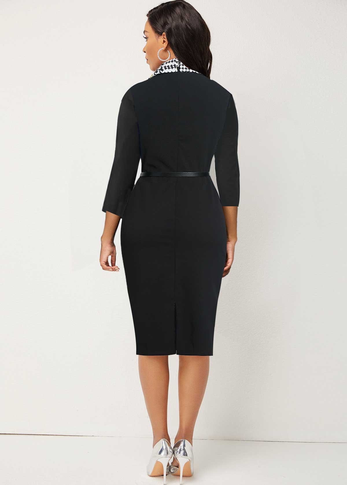 Tartan Print Midi Lapel Black Bodycon Dress