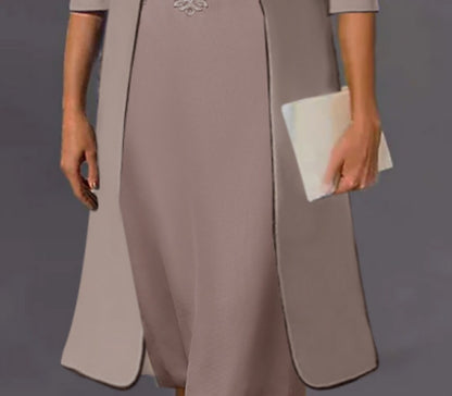 Women's Dress Set Two Piece Dress Midi Dress Light Brown 3/4 Length Sleeve Floral Embroidered Layered Fall Winter Crew Neck Modern Mature 2022 S M L XL XXL 3XL