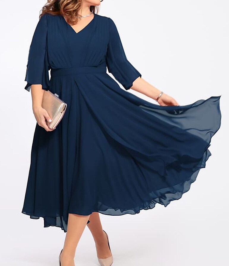 Women's Plus Size A Line Dress Solid Color V Neck 3/4 Length Sleeve Fall Winter Basic Midi Dress Daily Vacation Dress
