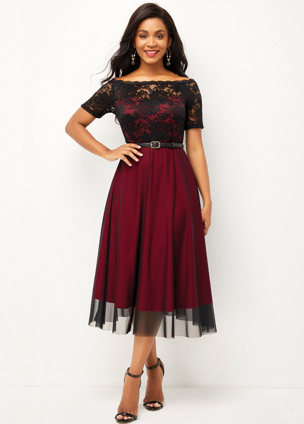 Lace Patchwork Off Shoulder Short Sleeve Dress