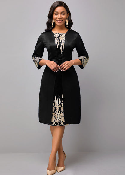 Round Neck 3/4 Sleeve Embroidered Dress