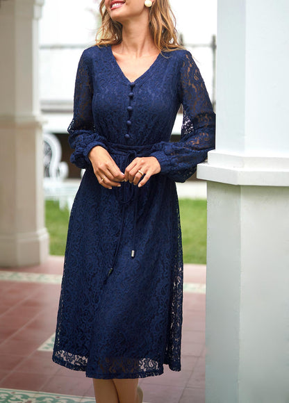 Paisley Lace Panel Navy Blue Drawstring Waist Dress