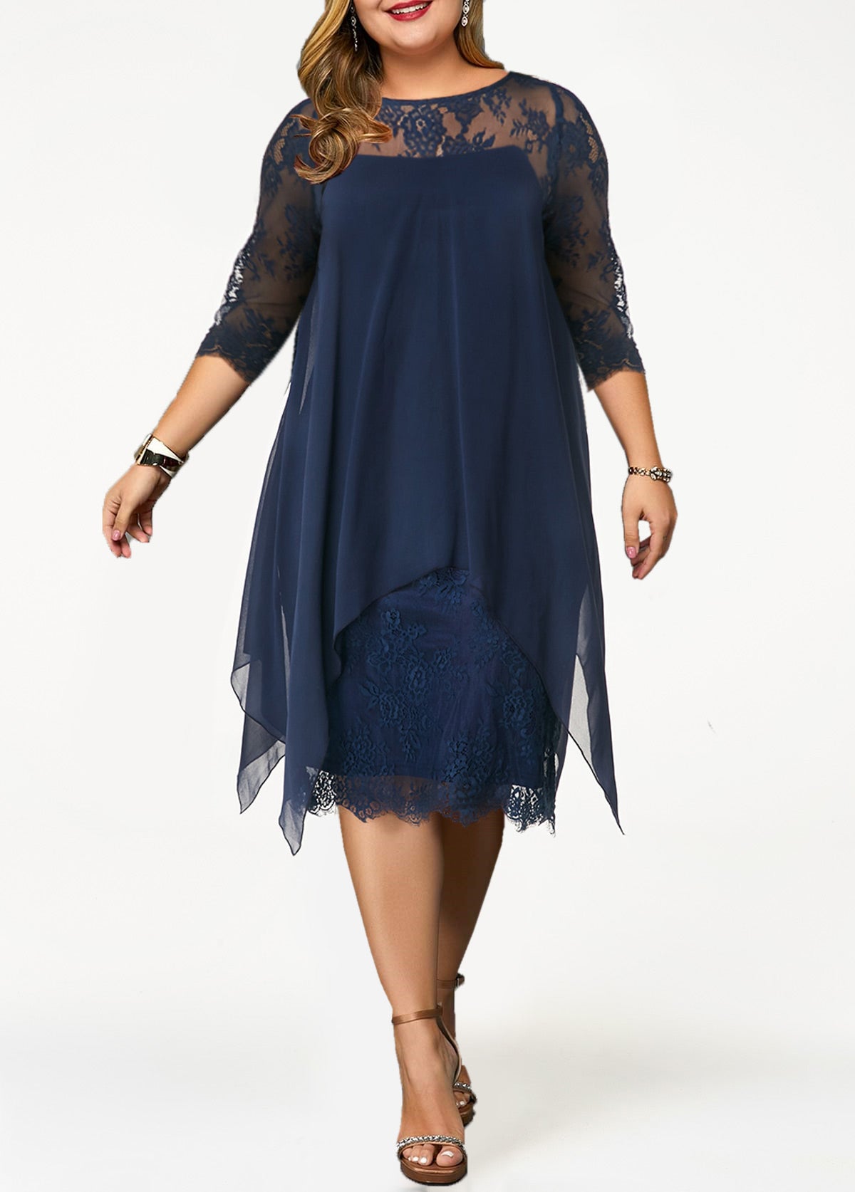 Chiffon Overlay Three Quarter Sleeve Lace Dress