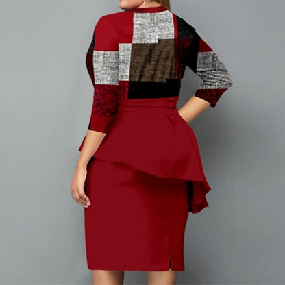 Women's Plus Size Work Dress Plaid Shirt Collar Ruffle Long Sleeve Fall Winter Work Formal Midi Dress Vacation Going out Dress / Print