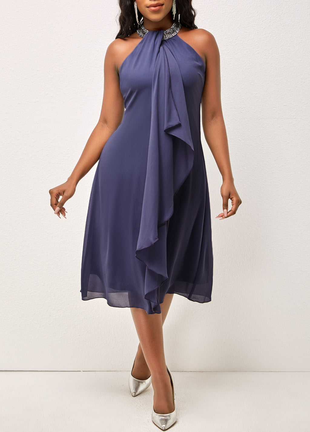 Solid Embellished Neck Flounce Sleeveless Dress