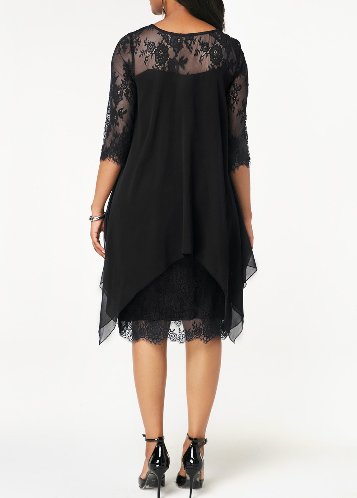 Chiffon Overlay Three Quarter Sleeve Lace Dress