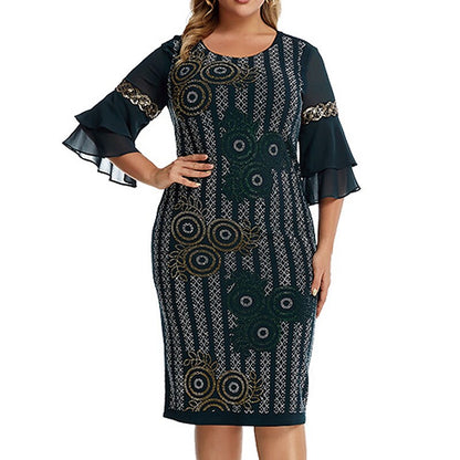 Women's Plus Size Holiday Dress Floral Crew Neck Ruffle Vintage Dress