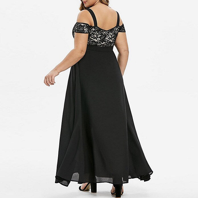 Women's Plus Size Party Dress Solid Color Off Shoulder Lace Short Sleeve Winter Spring Vintage Sexy Prom Dress Maxi long Dress Party Dress / Summer / Black Dress / Homecoming Dress