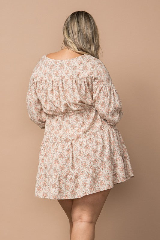 PLUS Ruffled Cuff Floral Mini Dress (Natural)