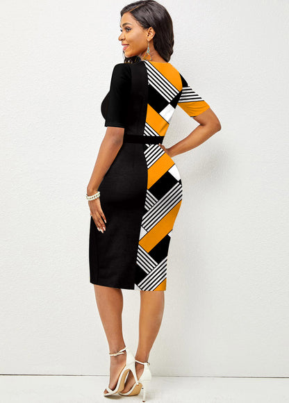 Contrast Round Neck Short Sleeve Dress