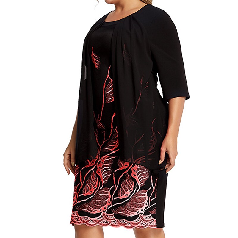 Women's Plus Size Fake Two-Piece Dress Crew Neck Half Sleeve Dress