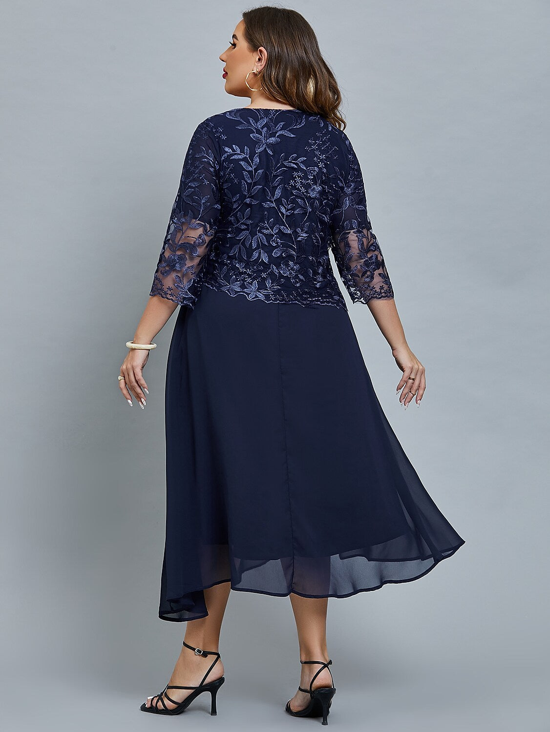 Women's Plus Size Curve Party Dress Floral Crew Neck Mesh 3/4 Length Sleeve Winter Fall Elegant Prom Dress Maxi long Dress Formal Party Dress / Lace