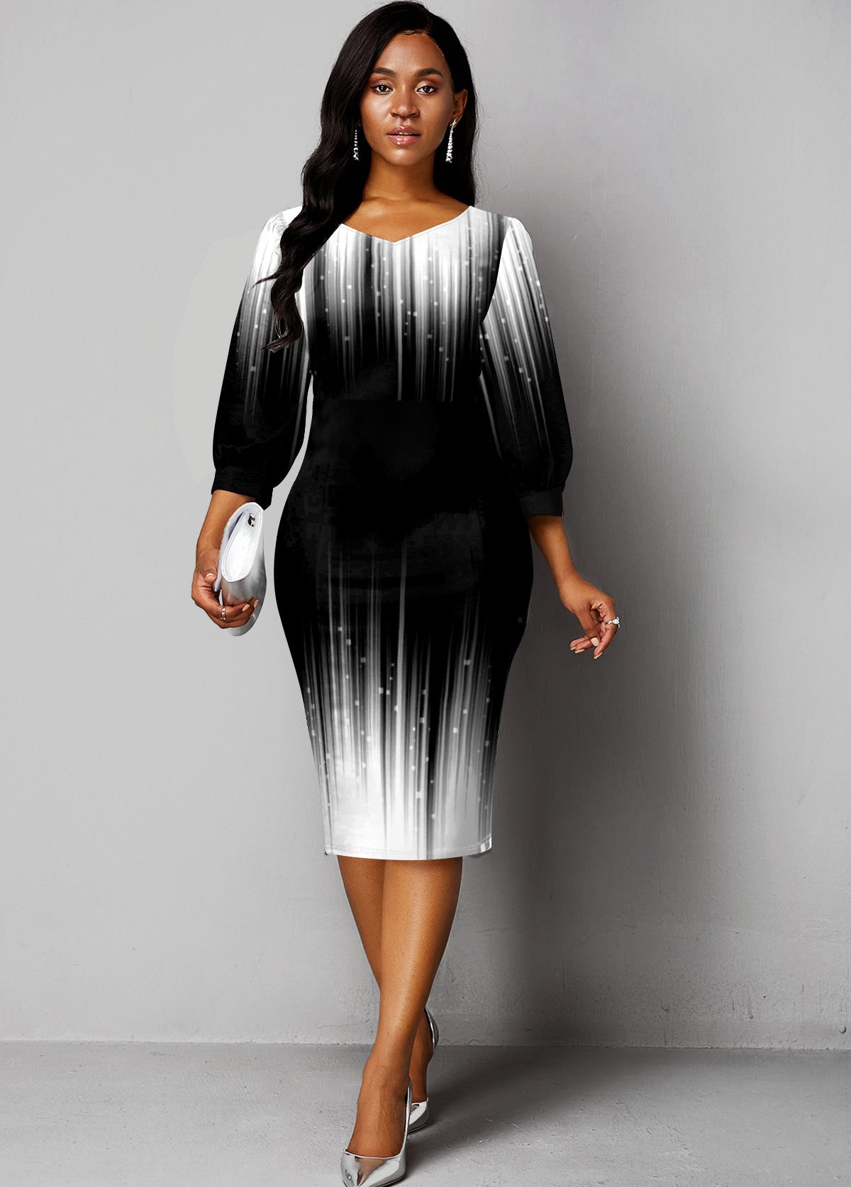 Printed Lantern Sleeve Ombre Sheath Dress