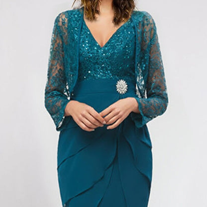 V Neck Lace Glitter Formal Evening Dress With Jacket