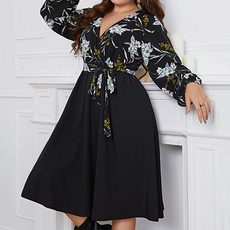 Women's Plus Size Casual Dress Floral V Neck Long Sleeve Fall Winter Casual Midi Dress Causal Daily Dress