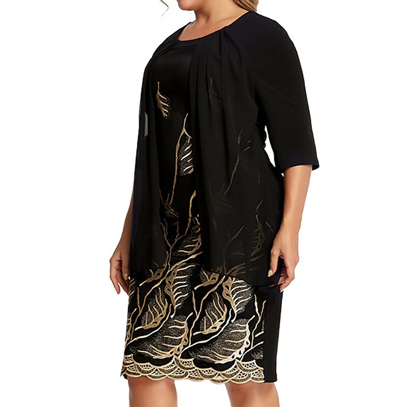 Women's Plus Size Fake Two-Piece Dress Crew Neck Half Sleeve Dress