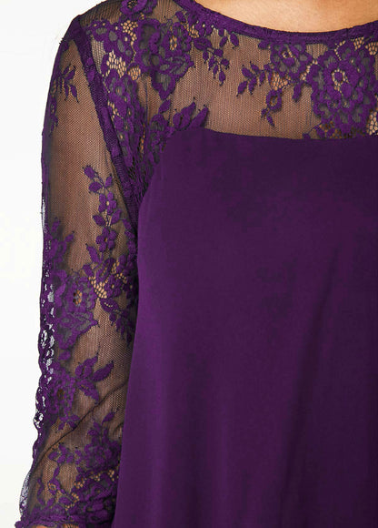 Chiffon Overlay Three Quarter Sleeve Lace Dress