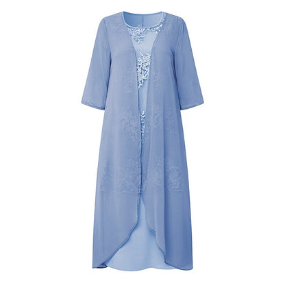 Women's Dress Set Lace Dress Midi Dress Light Blue Green Gray Half Sleeve Floral Embroidered Layered Patchwork Fall Spring Crew Neck Elegant Chinoiserie 2022 M L XL XXL XXXL 4XL 5XL