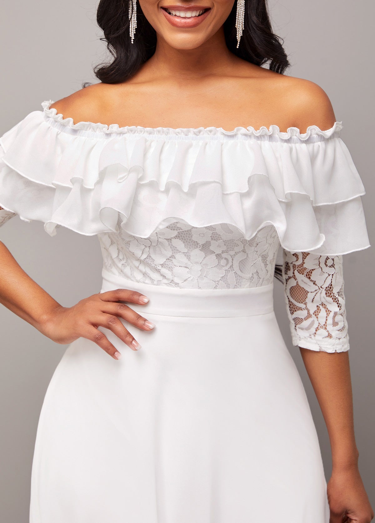 Flounce Lace Stitching White Off Shoulder Dress