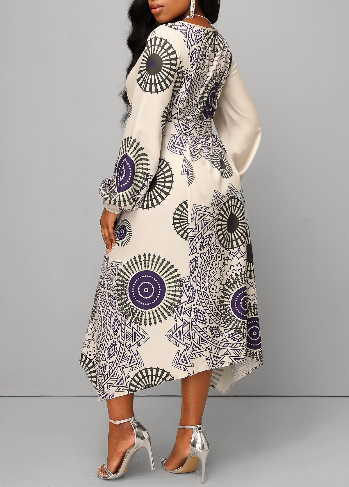 Tribal Print Handkerchief Hem Belted Beige Dress