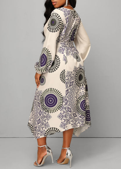 Tribal Print Handkerchief Hem Belted Beige Dress
