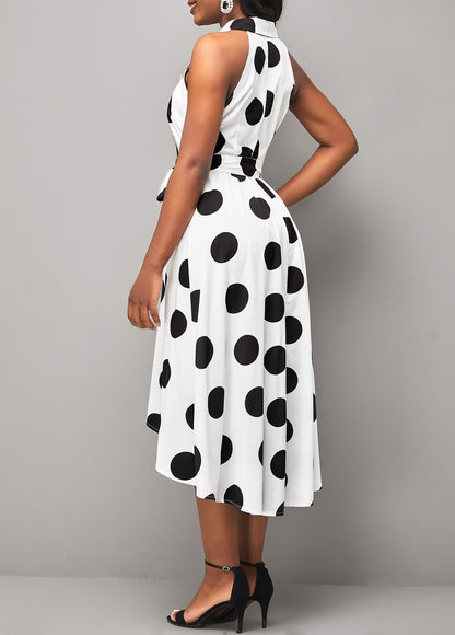 Turndown Collar Polka Dot White Belted Dress