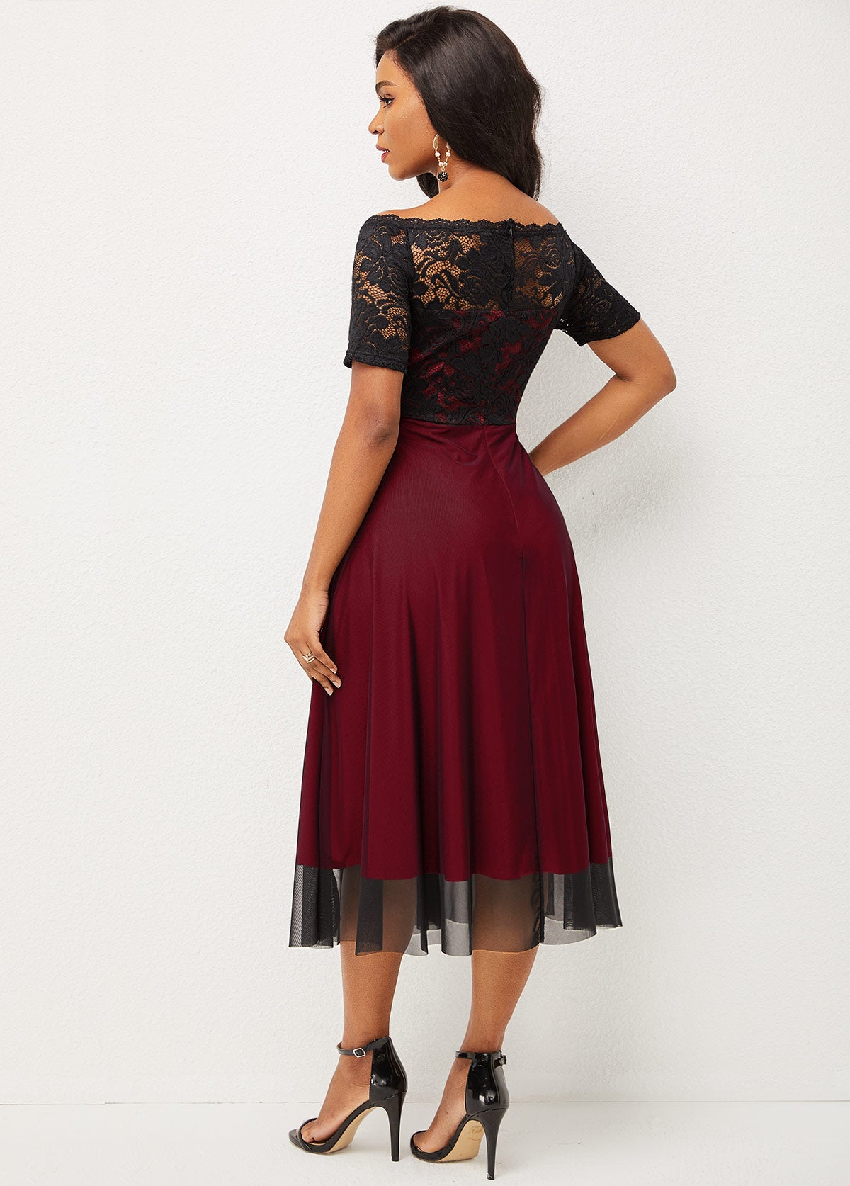 Lace Patchwork Off Shoulder Short Sleeve Dress