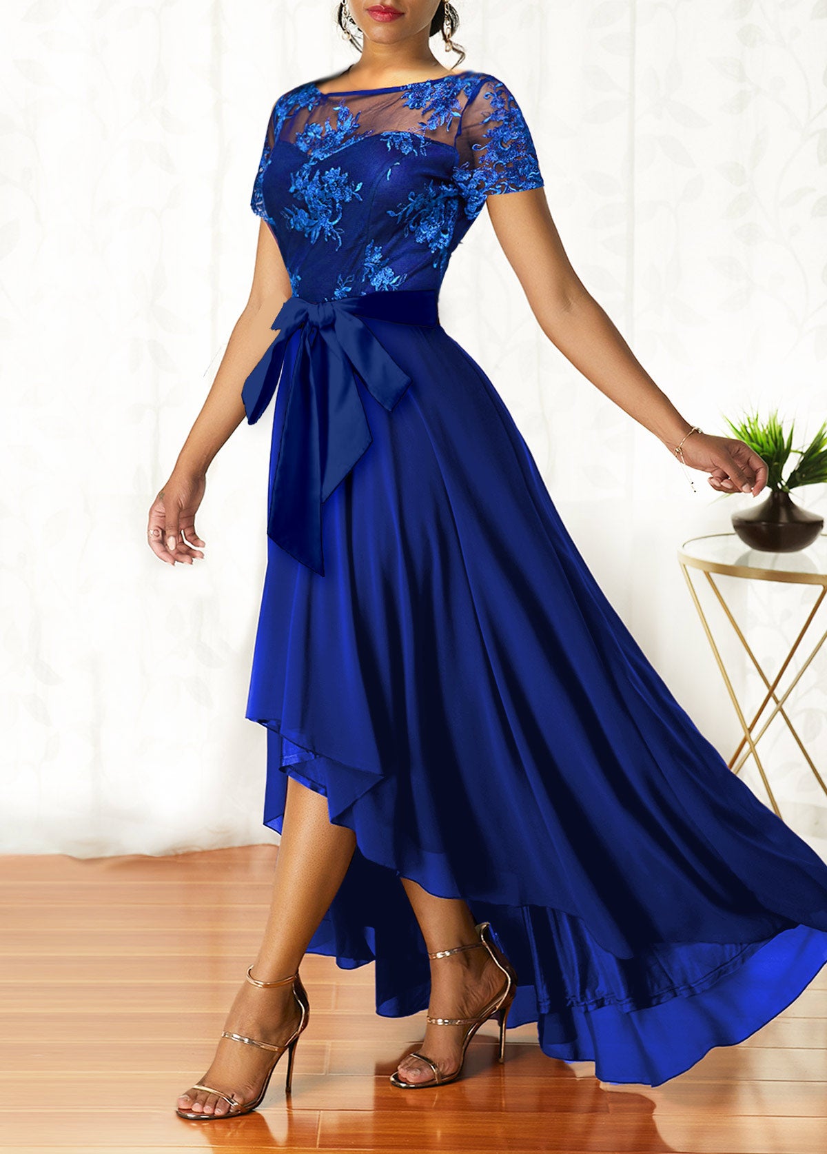 Belted Sapphire Blue Lace Patchwork Maxi Dress