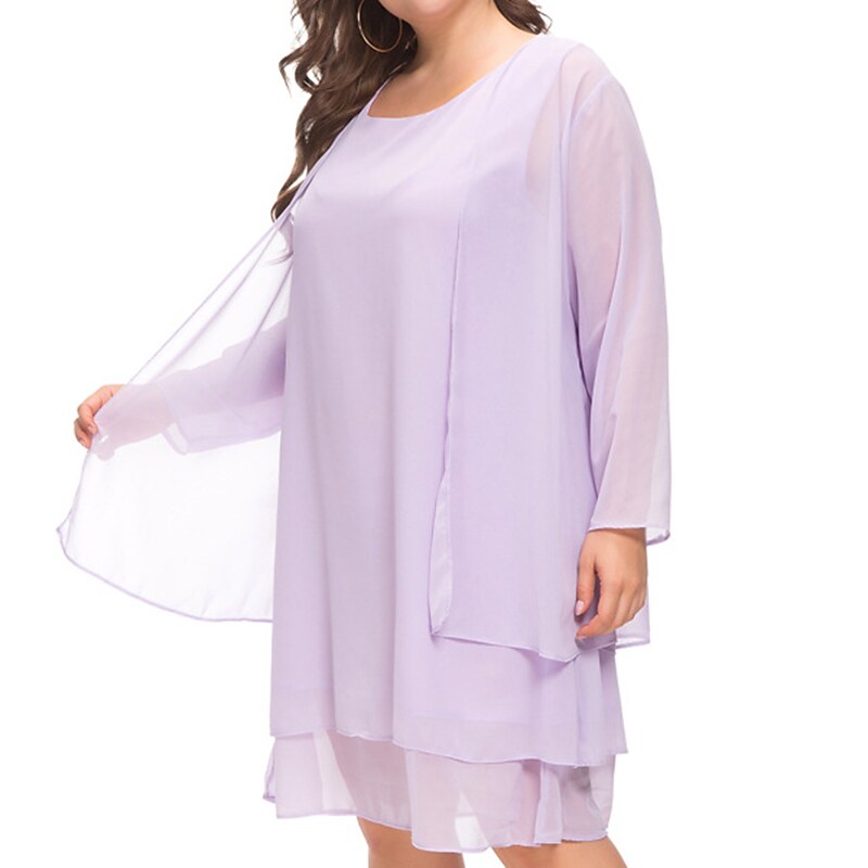 Women's Plus Size Casual Dress Solid Color Crew Neck Mesh Long Sleeve Dress