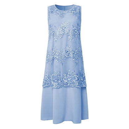 Women's Dress Set Lace Dress Midi Dress Light Blue Green Gray Half Sleeve Floral Embroidered Layered Patchwork Fall Spring Crew Neck Elegant Chinoiserie 2022 M L XL XXL XXXL 4XL 5XL
