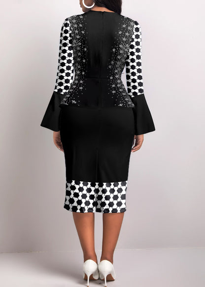 Geometric Print Fake 2in1 Black Bodycon Dress