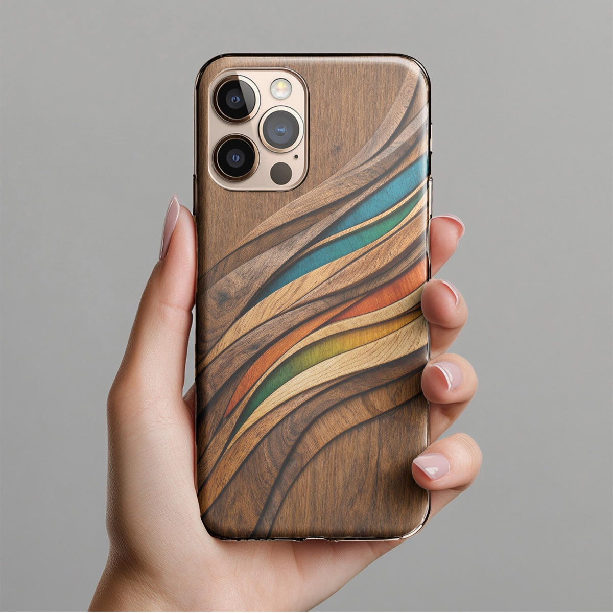 Carved Wood Wave Phone Case, Colorful Modern Wooden Art Design, Organic Flow Pattern, Luxury Aesthetic iPhone Cover