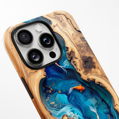 Koi Fish Faux Wood Resin Phone Case, Blue Epoxy iPhone MagSafe Tough Case